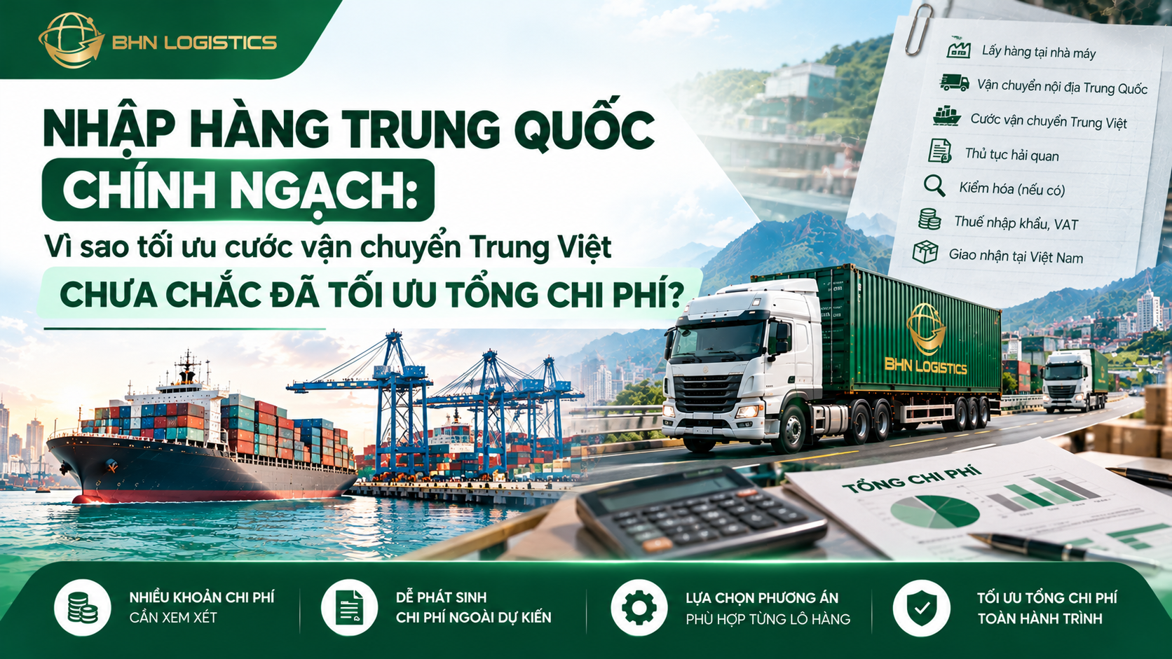 Nhập hàng Trung Quốc chính ngạch và bài toán tối ưu tổng chi phí logistics từ nhà máy đến kho Việt Nam.